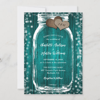 Teal Barn Wood Hearts Mason Jar Wedding Invitation