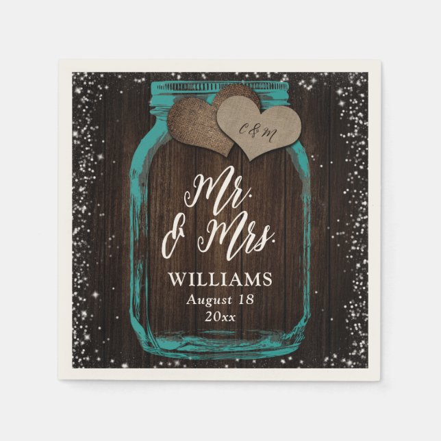 Teal Barn Wood Mason Jar Rustic Mr. & Mrs. Wedding Napkins (Front)