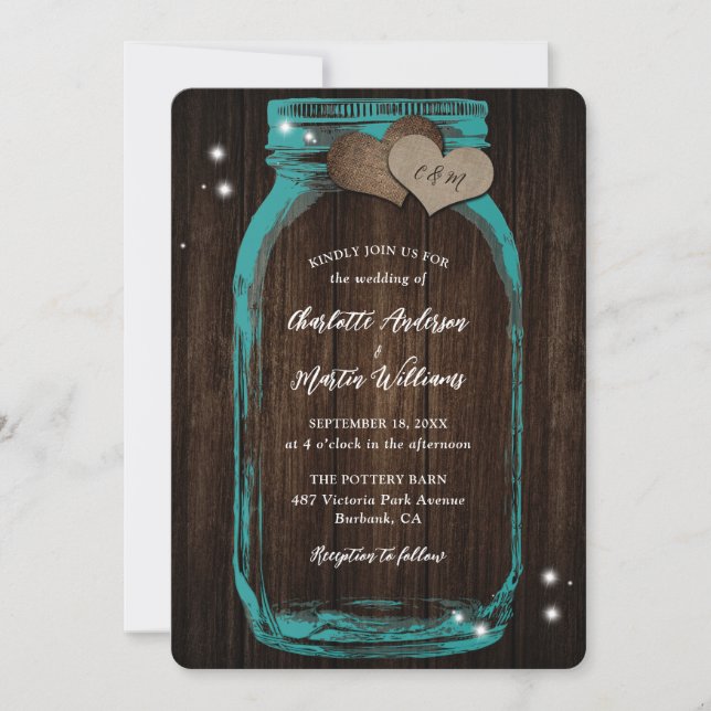 Teal Barn Wood Mason Jar Wedding Invitation (Front)
