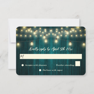 Teal Barn Wood String Lights Country Wedding RSVP Card