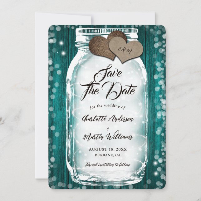 Teal Barn Wood String Lights Mason Jar Wedding Save The Date (Front)