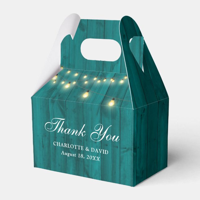 Teal Barn Wood String Lights Wedding Favor Boxes (Front Side)