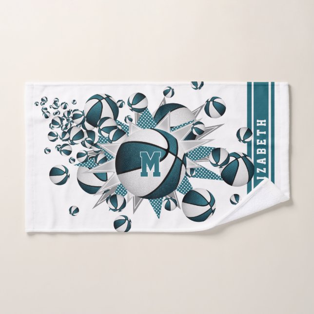 teal basketballs stars girls monogrammed hand towel  (Hand Towel)
