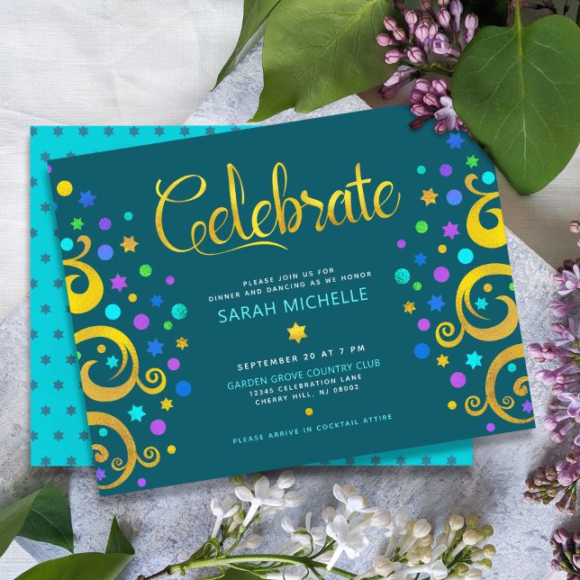 Teal Bat Mitzvah Gold Foil Tree of Life Modern Enclosure Card (Creator Uploaded)