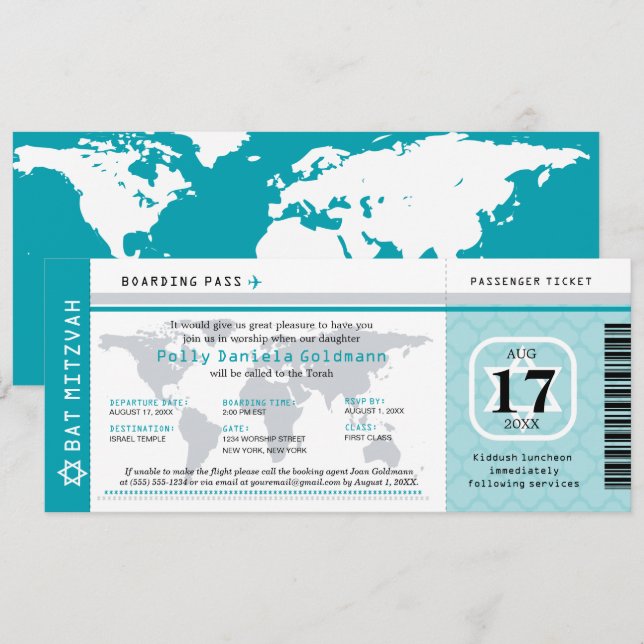 Teal Bat Mitzvah World Traveler Boarding Pass Invitation (Front/Back)