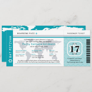 Teal Bat Mitzvah World Traveler Boarding Pass Invitation