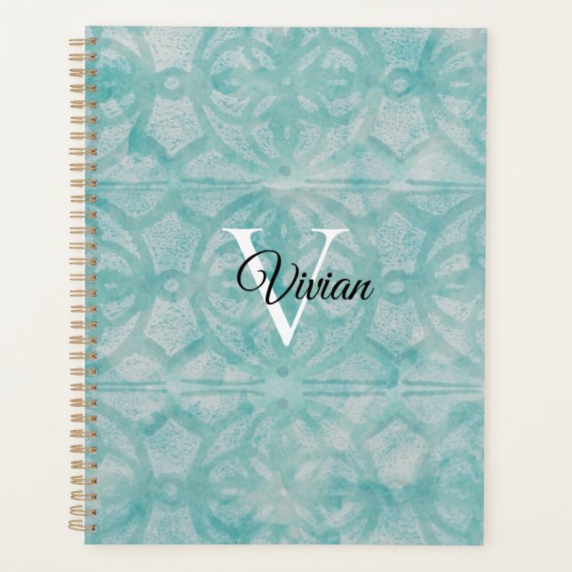 Teal Batik Elegant Monogram Name Planner (Front)