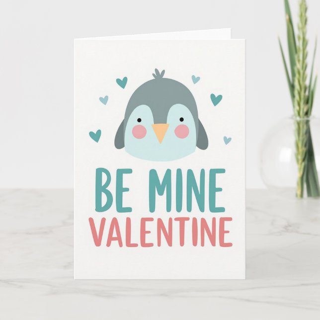 Teal Be Mine Valentine Penguin Card (Front)
