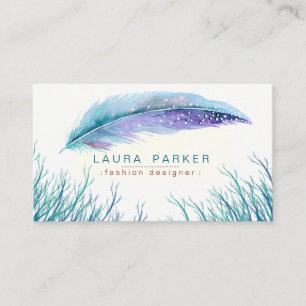 Teal Beach Feather Watercolor Boho Girly Chic Business Card
