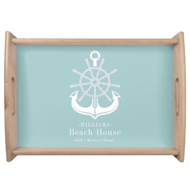 Teal Beach House Family Name Anchor Serving Tray (Front)