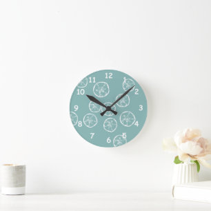 Teal beach house sand dollar shells small size round clock