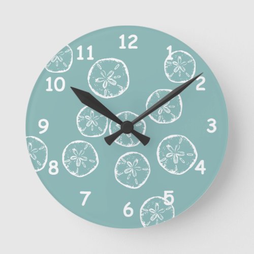 Teal beach house sand dollar shells small size round clock