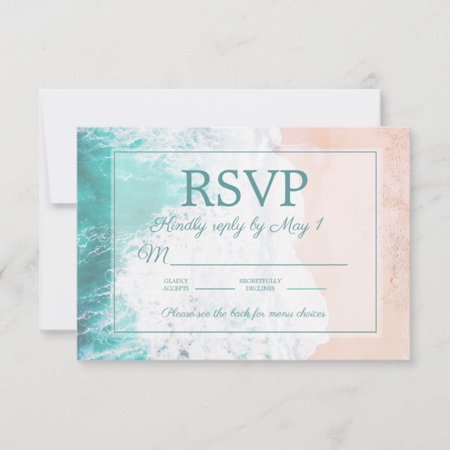 Teal Beach Ocean Sand Wedding RSVP #4 Card (Front)