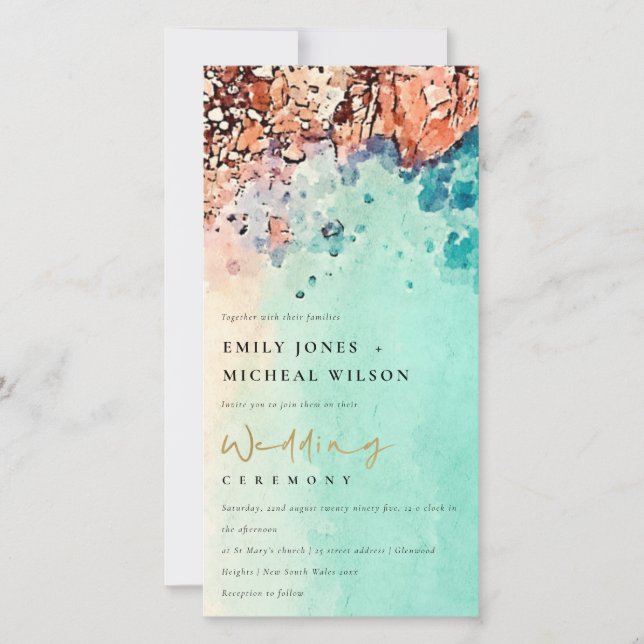 TEAL BEACH SAND ROCK WATERCOLOR WEDDING INVITE (Front)