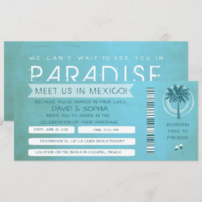 Teal Beach See You in Mexico Wedding Boarding Pass Invitation (Front/Back)