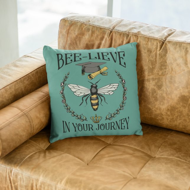 Teal Bee-lieve in Your Journey Graduation Keepsake Throw Pillow (Trendy Teal "Bee-lieve in Your Journey" Hand-drawn Graduation Art with Custom Photo & Text on back.)