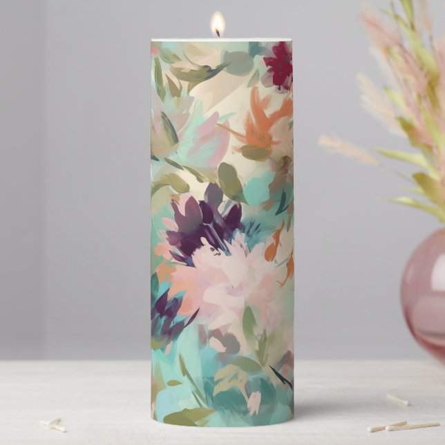 Teal Beige Abstract Painting Floral Pattern Pillar Candle (In Situ)