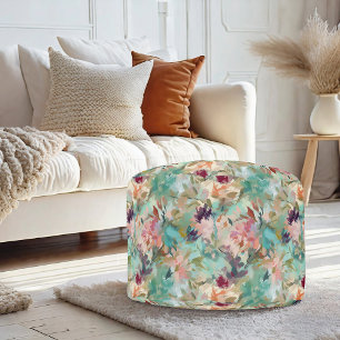Teal Beige Abstract Painting Floral Pattern Pouf