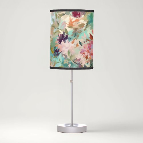 Teal Beige Abstract Painting Floral Pattern Table Lamp