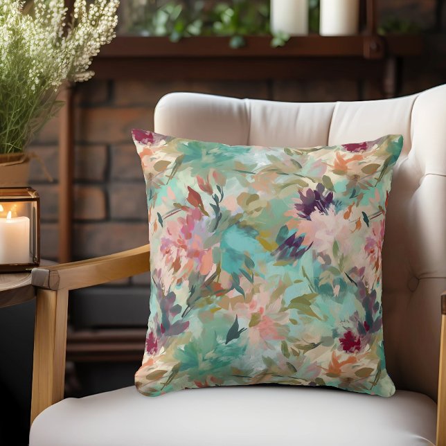 Teal Beige Abstract Painting Floral Pattern Throw Pillow (Creator Uploaded)