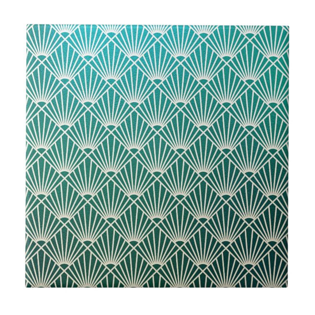 teal,beige,art nouveau,art deco, fan pattern, ceramic tile (Front)