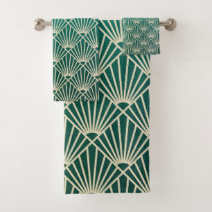 teal,beige,art nouveau,art deco, fan pattern,vinta bath towel set