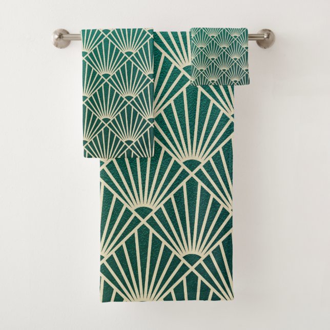 teal,beige,art nouveau,art deco, fan pattern,vinta bath towel set (Insitu)