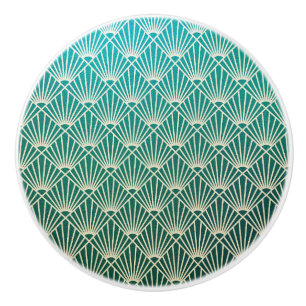 teal,beige,art nouveau,art deco, fan pattern,vinta ceramic knob