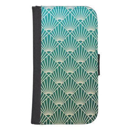 teal,beige,art nouveau,art deco, fan pattern,vinta galaxy s4 wallet case