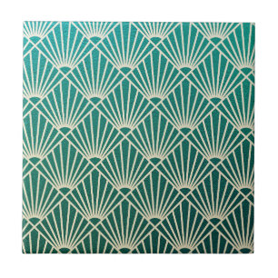 teal,beige,art nouveau,art deco, fan pattern,vinta tile