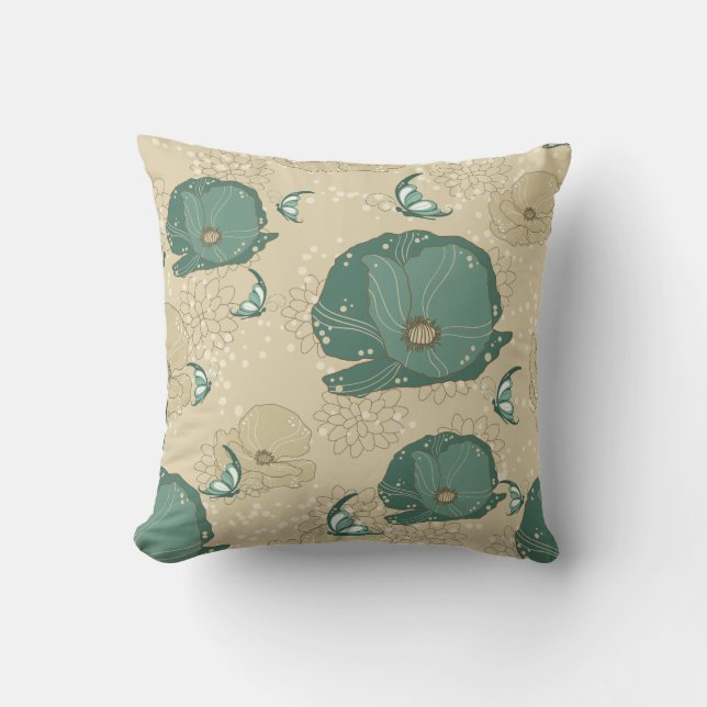 Teal Beige Asian Lily Pad Throw Pillow (Front)