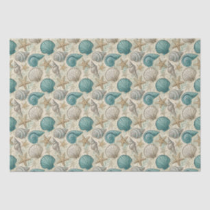 Teal & Beige Beach Shells Pattern Decoupage Tissue Paper