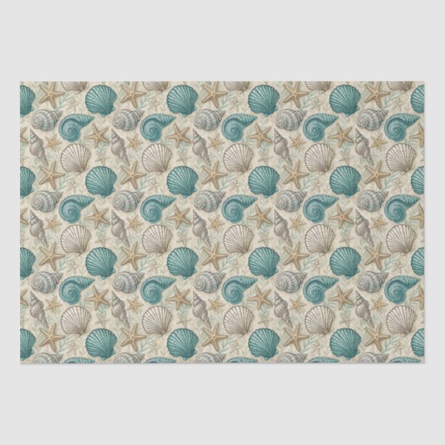 Teal & Beige Beach Shells Pattern Decoupage Tissue Paper (Front)