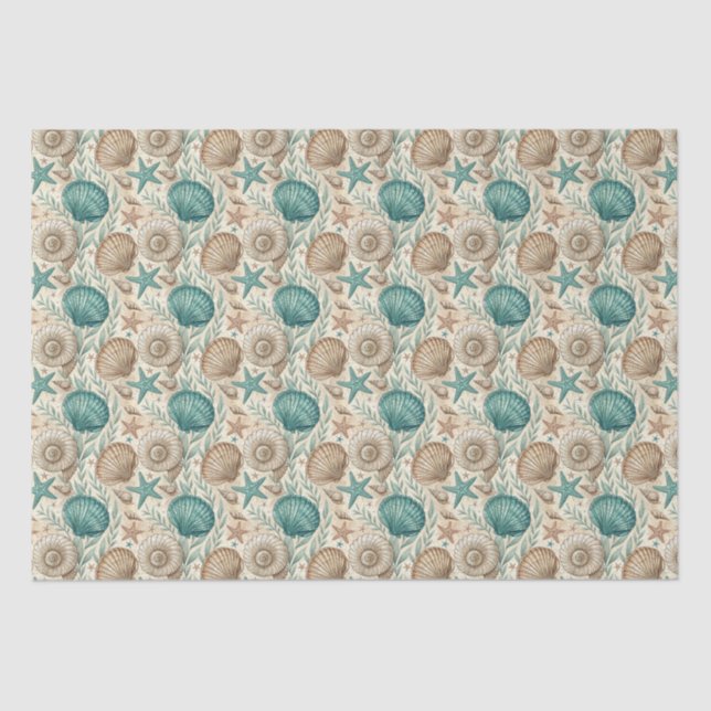 Teal & Beige Beach Shells Pattern Decoupage Tissue Paper (Front)