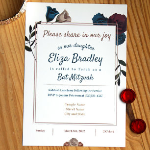 Teal, Beige, Burgundy Bat Mitzvah Invitations