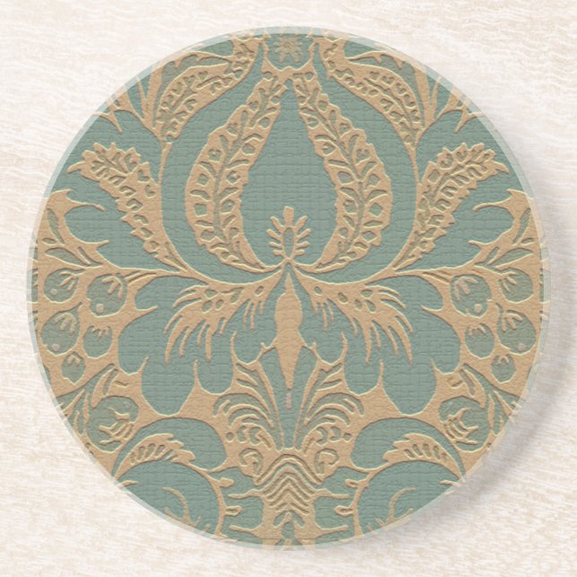 Teal Beige Damask Coaster (Front)