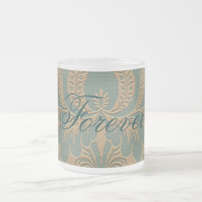 Teal Beige Damask Frosted Glass Coffee Mug (Center)