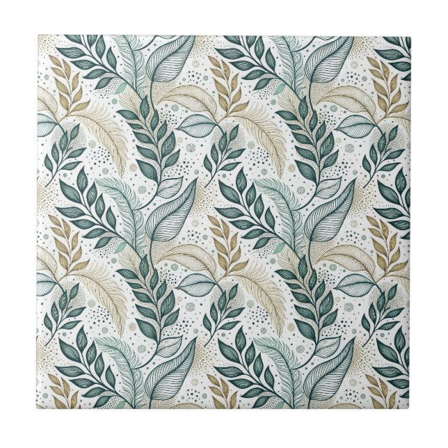 Teal & Beige Elegant Leaf Botanical Floral Pattern Ceramic Tile (Front)