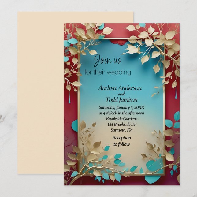 Teal beige leaves red gold frame wedding invitation (Front/Back)