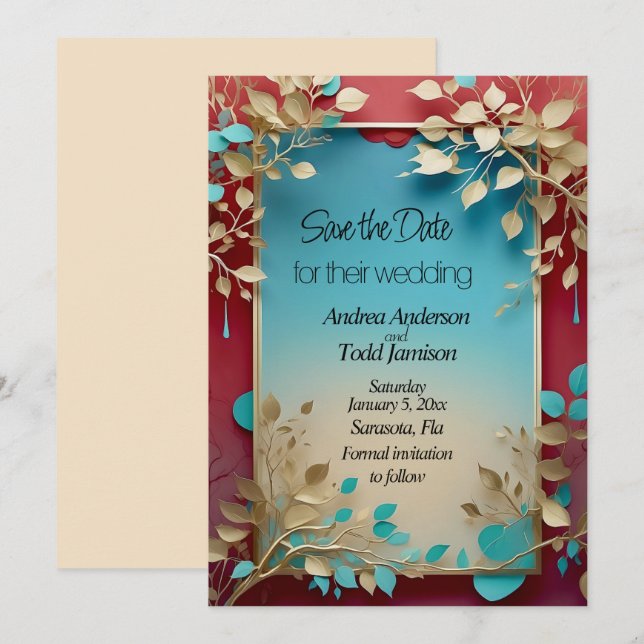 Teal beige leaves red gold frame wedding save the date (Front/Back)