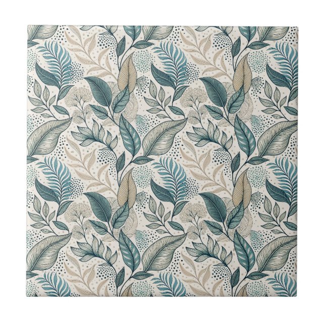 Teal & Beige Minimal Leaf Botanical Floral Pattern Ceramic Tile (Front)