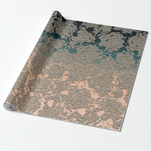 Teal Beige Succulent Floral Metallic Pattern Wrapping Paper