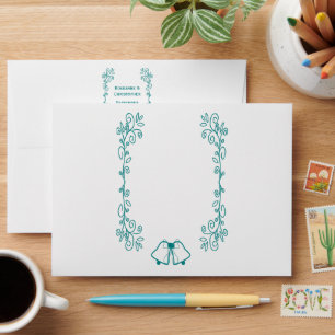 Teal Bells Scrollwork Design Wedding Envelope