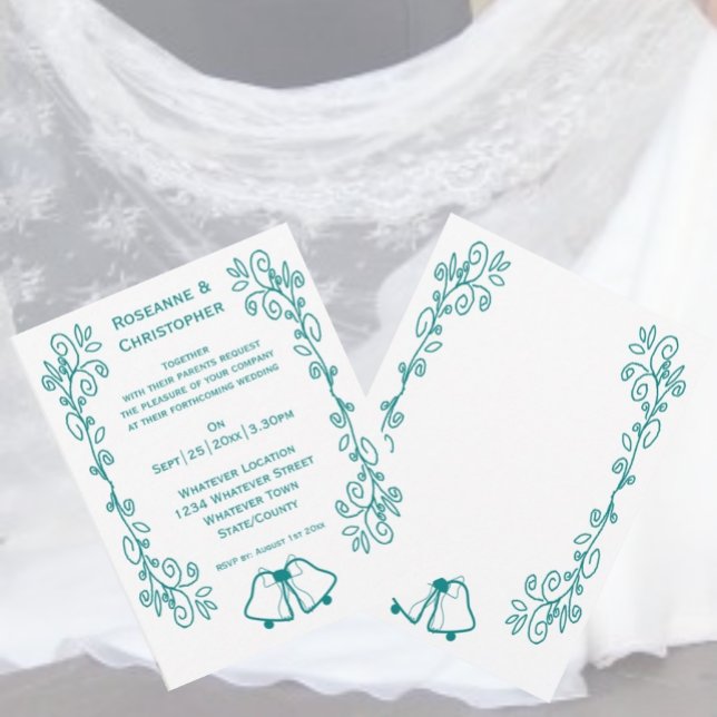 Teal Bells Scrollwork Design Wedding Invitation (Teal bells scrollwork wedding invite)