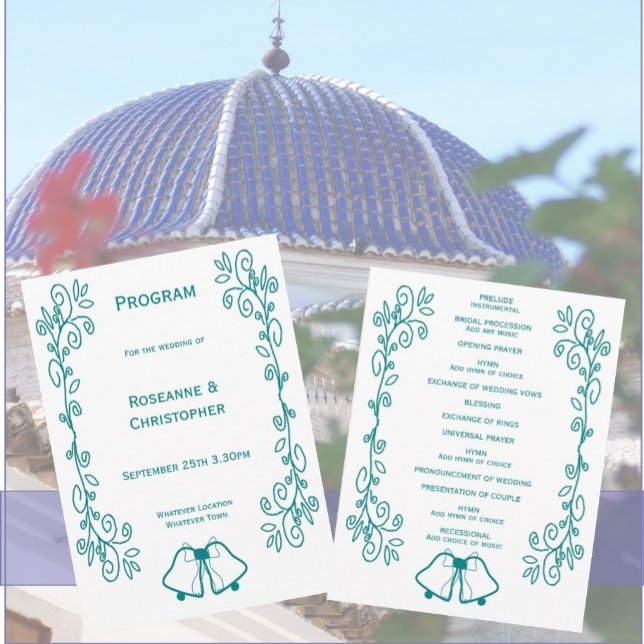 Teal Bells Scrollwork Design Wedding Program (Teal bells scrollwork wedding church program)