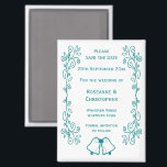 Teal Bells Scrollwork Design Wedding Save The Date Magnet<br><div class="desc">Wedding save the date magnet bells design. Customise this teal coloured wedding save the date magnet with your wedding details. Should you require any help with customising then contact us through the link on this page. Teal coloured bells design personalised wedding save the date magnet</div>