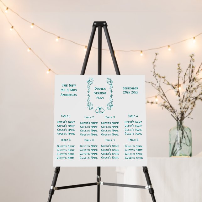 Teal Bells Scrollwork Design Wedding Seating Chart Foam Board (In Situ (Stand))
