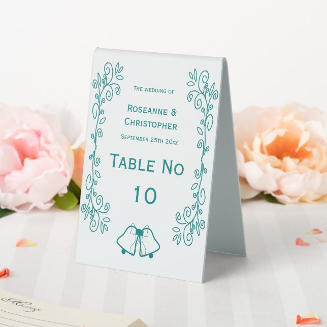 Teal Bells Scrollwork Design Wedding Table Tent (In SItu (Wedding))