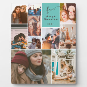 Teal Best friends bff script 10 photo collage grid Plaque