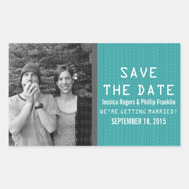 Teal Binary Code Photo Save the Date Stickers (Front)